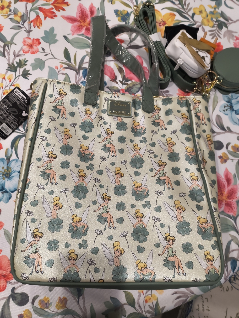 Loungefly Green & Cream Tinker Bell Patterned Tote
